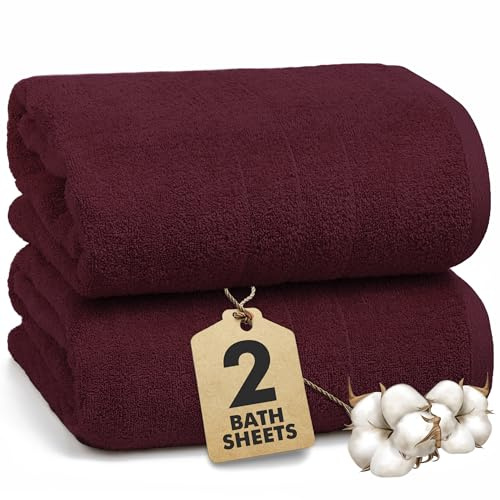 Novo Home Bath Sheets - Extra Large Bathroom Sheet Set – 550 GSM Pack of 2 Jumbo Towels Burgundy (90x180cm) – 100% Ring Spun Cotton Soft Quick Dry Large Bath Towels for Adults Hotel Spa Bathroom Use