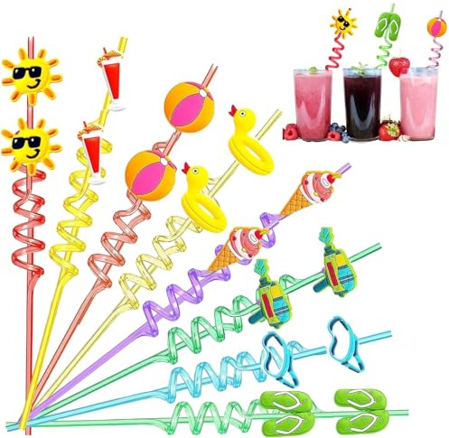 16 st. spiralformade sugrör sommar Hawaii, PET för poolfest och födelsedag | Livsmedelssäker och återanvändbar, olika festmotiv, diskmaskinssäker, för picknick, trädgårdsfester och barnfester