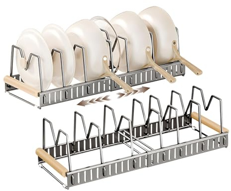 1 organiseur de couvercle en acier inoxydable avec 7 séparateurs réglables – Support de rangement pour couvercles de casseroles, longueur totale extensible 57,5 cm (gris)
