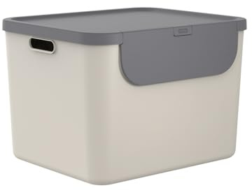 Rotho Albula Aufbewahrungsbox mit Deckel 55 L stapelbar Beige/Anthrazit | Aufbewahrungsboxen für Mülltrennung, Stapelbar, Frontale Klappe auch Gestapelt zu Öffnen, Stabile Griffe, 6 Aufkleber