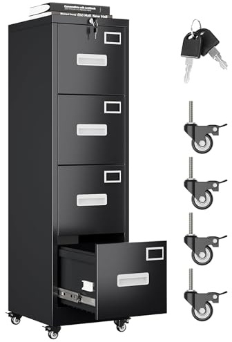 Aobabo 4 Drawer File Cabinet with Wheels, Lockable Metal Filing Cabinet with Name Card for Office and Home,Assembly Required,Black