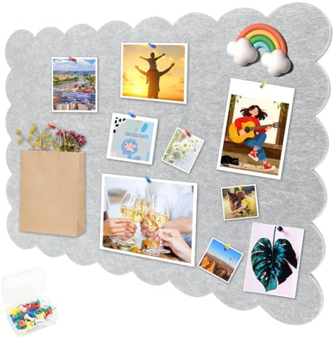 60 x 40cm Große Korkplatte Große Pinnwand, Dekorative Korkwand aus Filz,0,9cm Dick, Fototafel mit Selbstklebendem Klebeband, Pinnadeln Filz, Selbstklebend Visionboard(Silbergrau)