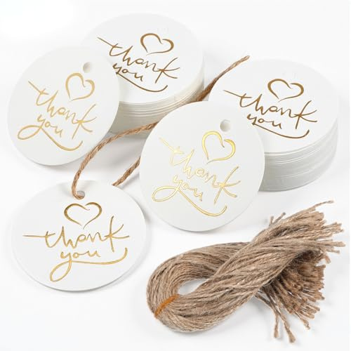 100Psc Thank You Tags with String, Premium Round Gift Tags, White Paper Gold Foil Thank You for Coming Tag, Personalized Gift Tag for Wedding, Baby Shower, Birthday, Party Favors, Bridal Shower