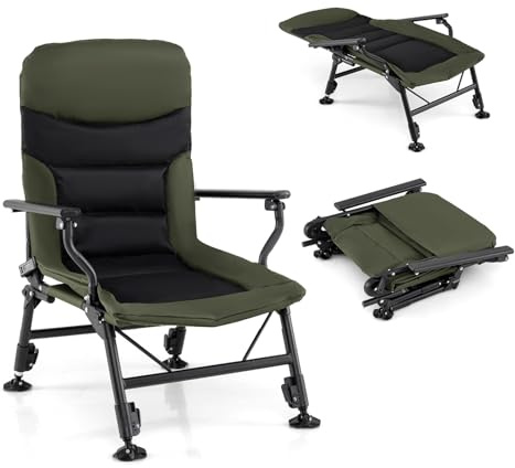 KOMFOTTEU Silla de Pesca Plegable con Respaldo Reclinable, Silla de Camping Acolchado con Reposabrazos y Patas Ajustables, Tumbona Portátil para Patio, Playa, Jardín (Modelo 1)