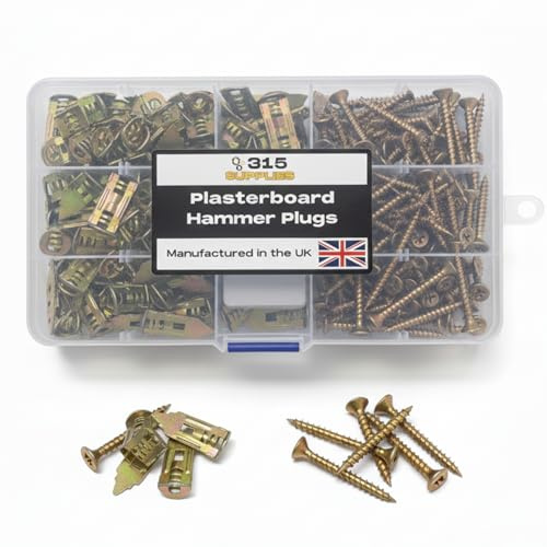 100 Plasterboard Hammer Plugs & Screws – 50 Heavy-Duty Metal Fixings & 50 Screws – Reusable Storage Box – Quick Hammer-In Installation for Plasterboard & Hollow Walls – Made in the UK