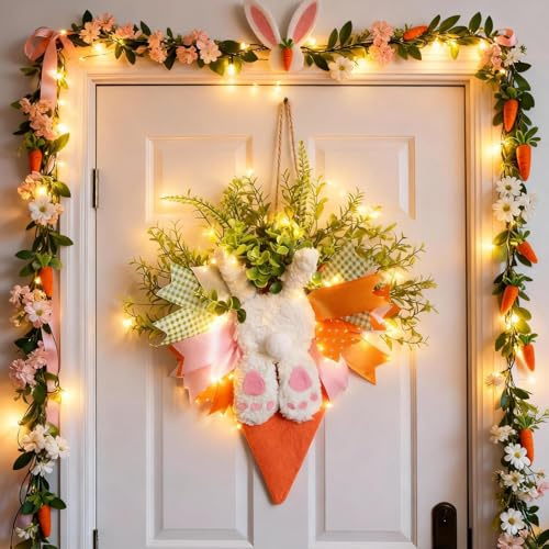 Osterkranz Haustür, 40 * 45 Cm Osterdeko Hase Kranz Mit LED Licht, Türkranz Ostern Frühlingsdeko Mit Osterhase Schleifen, Led Kranz Batteriebetriebene, Osterdeko Zum Aufhängen Für Easter Decoration (B