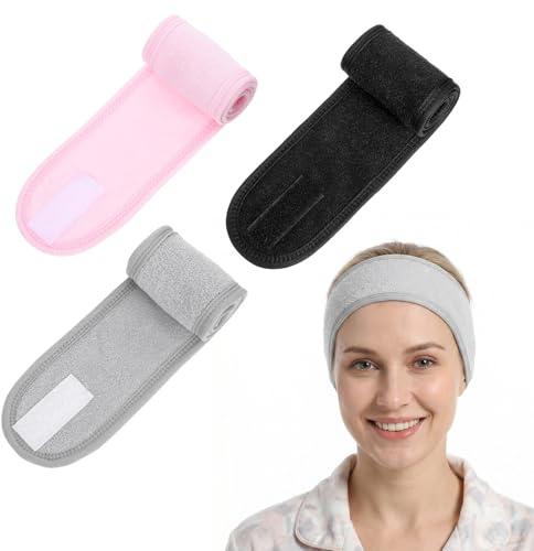 Larrel 3 Stück Kosmetik Haarband Damen, Polyester Haarband Verstellbare Haarschutzband mit Klettverschluss HaarbandSchminken Spa Stirnband für Sport Duschen Yoga Dusche, Schwarz, Rosa, Grau