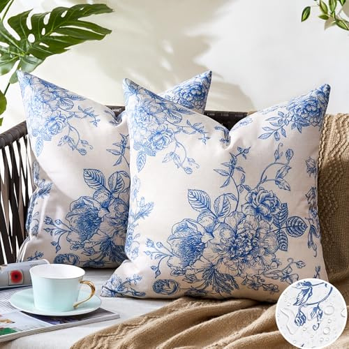 Aisybaklyn Örngott 50 x 50 2 stycken dekorativa kuddar linne blå vit blomma dekorativa örngott chinoiserie utomhuskuddar för soffa säng soffa stol bil dekor