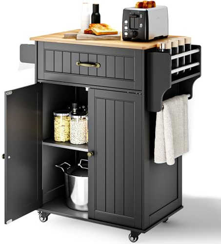 Xbro Kitchen Island with Wheels, Farmhouse Kitchen Storage Cabinet, Rubber Wood Countertop with Drawer and Adjustable Shelves, Portable Serving Cart with Towel & Spice Rack,Black