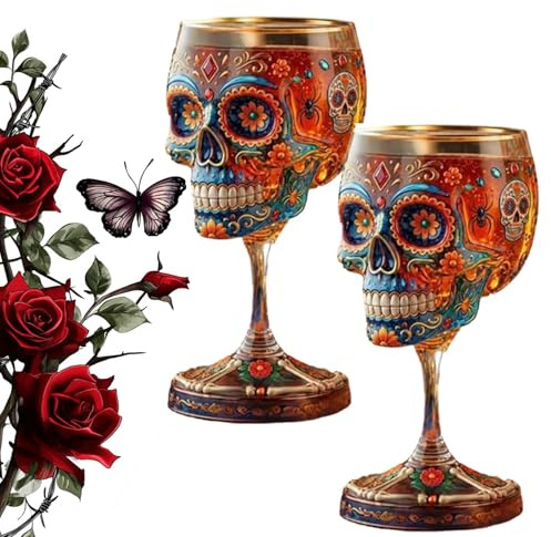 Day of the Dead Gothic Sugar Skull Glass Decanter Bottle, 350ml Empty Sculpted Glass Skull Decanter for Home,Bar Decor,Halloween Party (2 Cups)