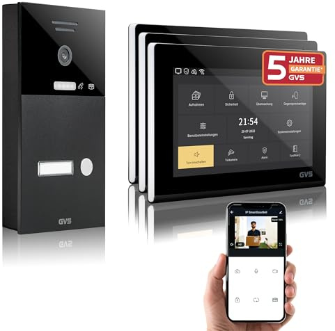 GVS IP Video Türsprechanlage mit Türöffner, 3X 7 Zoll Monitore & App | Smarte Video Türklingel mit Kamera und Monitor & App - Gegensprechanlage für 1 Familienhaus (AVS1286A)