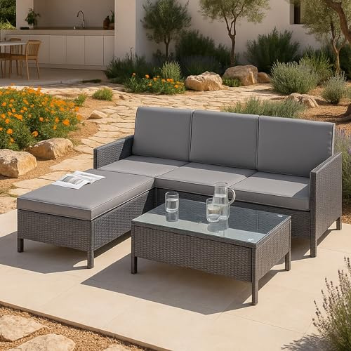 [en.casa] Gartenmöbelset Murcia Rattan 3-TLG. Rattan-Möbel Sitzgruppe Gartenlounge Loungeset Polyrattan Dunkel-/Hellgrau