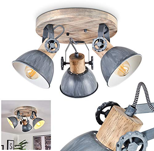 HOFSTEIN Deckenleuchte Orny, verstellbare Deckenlampe aus Metall/Holz in Grau-Blau/Weiß/Natur, moderne Leuchte im Industrial/Retro/Vintage-Design, 3 x E27, Wohnzimmer, Esszimmer, Schlafzimmer, Küche