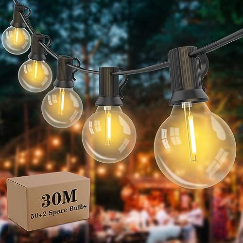 Yuusei Catena Luminosa Esterno, 30M Luci da Esterno LED con 50+2 G40 Lampadine, IP45 Impermeabile Catena Luci Stringa Esterno e Interno per Giardino Natale Terrazzo, Matrimonio - Bianco Caldo