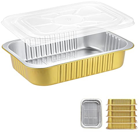 MESTAEK 11 x 7.5 Heavy-Duty Aluminum Foil Pans with Lids, 74oz, 5 Pack – Extra-Thick Disposable Foil Containers for Oven, Baking, Freezer & Food Storage