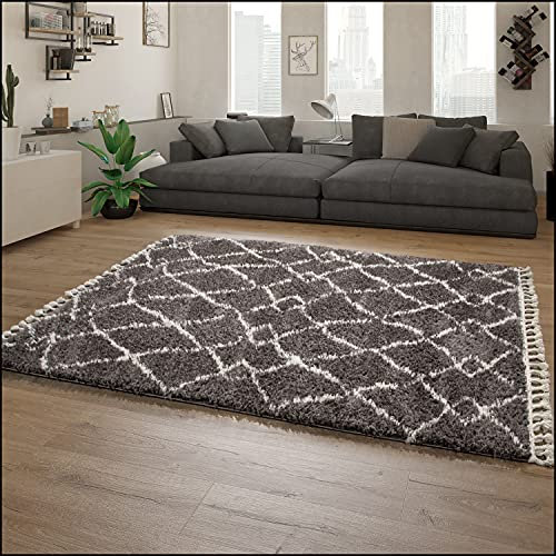 Paco Home Hochflor Teppich Wohnzimmer Shaggy Skandinavisch Fransen Flauschig Modern Langflor, Grösse:80x150 cm, Farbe:Anthrazit