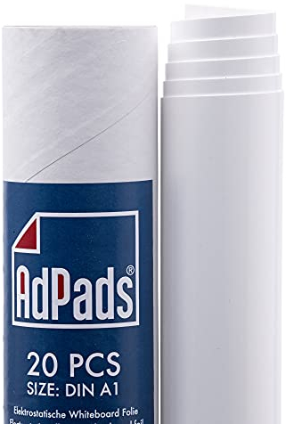 AdPads® Elektrostatische Whiteboard Folie A1 | Selbstklebendes Flipchart-Papier, 20 Blatt, weiß | Static Sticky Whiteboard Paper | Haftet auf allen Oberflächen, beweglich und verschiebbar