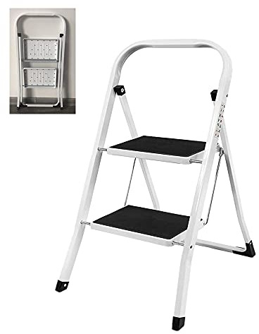 2-Stufen-Leiter, tragbare Faltbare 2-Stufen-Stahlleiter, rutschfeste Trittleiter, Sicherheitsklapp-Hochleistungs-Tritthocker, ideal für Zuhause/Küche/Garage 150 kg maximale Kapazität
