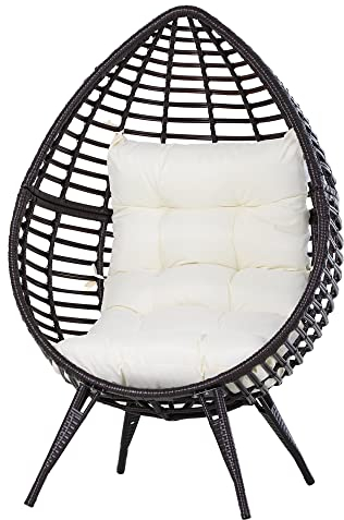 Outsunny Rattansessel in Tropfenform, Gartensessel mit Sitzkissen, Erhöhter Rattanstuhl, Stahl, Braun, 101 x 89 x 156 cm