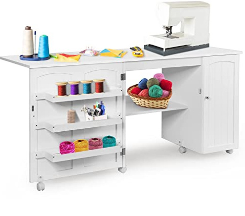 GOPLUS Meuble Couture Pliante,Table Couture avec 3 Étagères et 1 Plateau Machine à Coudre,2 en 1 Bureau Pliable avec 4 Roues, Bois Armoire Peu Encombrante pour Retoucherie,Salon,158x50x74CM,Blanc