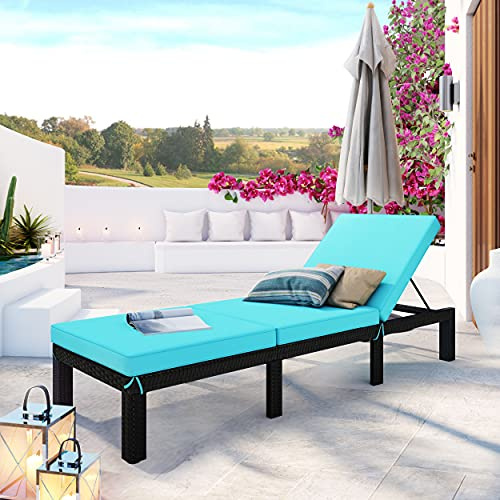 Outdoor Lounger, Wicker Rattan Sunbed, Adjustable Reclining Chair with Cushion for Poolside/Backyard/Deck/Porch/Garden (Blue!Q)