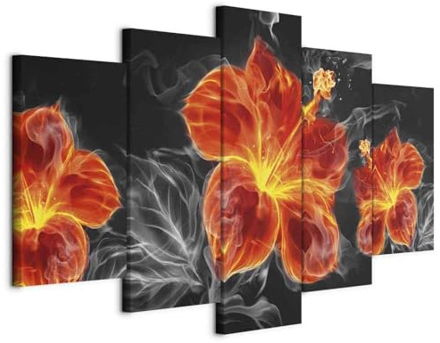 B&D XXL - Wandbilder XXL Blumen 150x75cm 5 tlg - Wand Deko Leinwand Bilder Groß Wanddeko Wohnzimmer Schlafzimmer Kunstdrucke - Lilien Flamme Feuer Abstrakt schwarz orange rot
