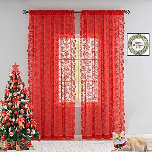 YJ YANJUN Red Lace Curtains 84 Inch Length Vintage Sheer Christmas Decorations for Home Window Xmas Gift Holiday Decor Party Backdrop Patio Door Valentine's Decor 52 x 84 Inches