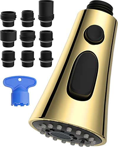 Hibbent Pull Down Kitchen Faucet Spray Head Replacement, 3-Function Gold Kitchen Sink Spray Nozzle with 9 Adapters Compatible with Moen, American Standard, Delta, Kohler Faucets, Polished Brass | NSF/ANSI/CAN 61/372 Certified 3-Mode Kitchen Sink Nozzle, 15 Adapters, Compatible with Moen, Delta, Kohler, Polished Brass