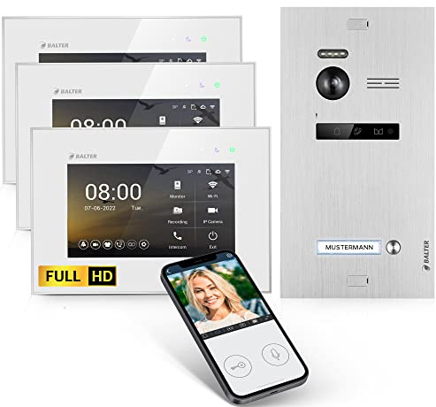 Balter EVO-HD Video Türsprechanlage, Video Türklingel, Smartphone App, 1 Familienhaus Klingel, 3X 7 Zoll HD-Monitore, Full HD-Kamera, 2 Draht Bus, Gegensprechanlage mit 175° Weitwinkel
