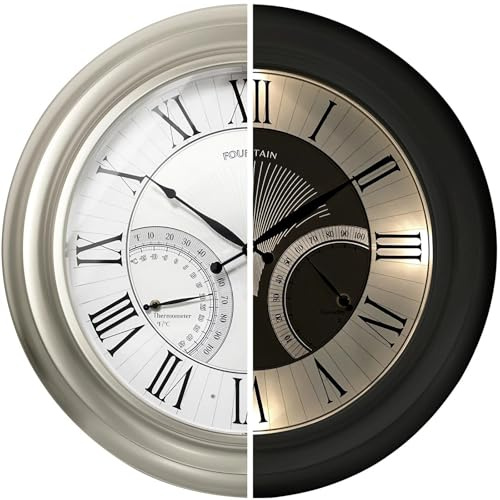 FOUNTAIN DESIGNS 24 Inch Outdoor Clocks Waterproof, Self-Illuminated Large Outdoor Clock with Thermometer and Hygrometer Combo for Patio,Pool and Garden Decor,Roman Numeral,Morning Silver