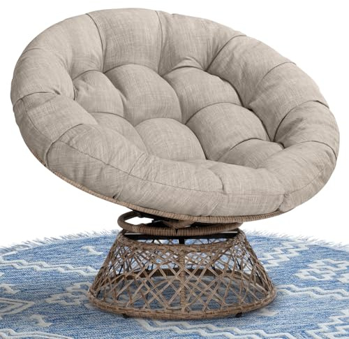 Bme 40 Ergonomic Wicker Papasan Chair with Soft Thick Density Fabric Cushion, High Capacity Steel Frame, 360 Degree Swivel for Living, Bedroom, Reading Room, Lounge, Silver Cloud - Brown Base