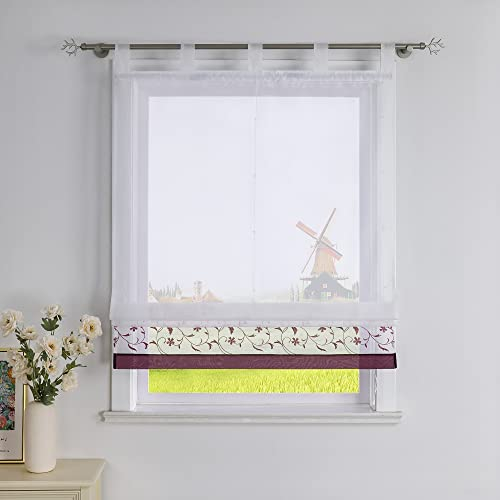 CORLIF Raffrollo mit Blumenmuster Bestickte Raffgardine Küche Modern Schlaufenrollo Leinenoptik Transparente Rollo Kurz Fenster Schal Landhaus mit Schlaufen B/H 120/150 cm Violett