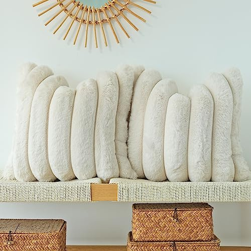 JOJUSIS Pack of 2 Faux Fur Plush Decorative Throw Pillow Covers Couch Cushion Case Soft Fluffy Pillowcases Wide Stripe (Beige, 20 x 20 Inch)