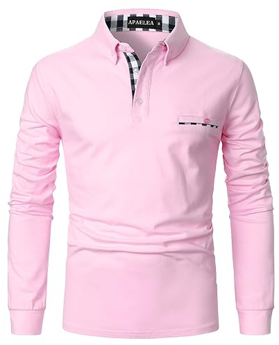APAELEA Polo de Golf à Manches Longues Homme Coton Contrasté Plaid épissure Lattice Tennis Shirt,Rose,L