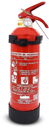 Extintor Polvo ABC 1kg con soporte, homologado CE y AENOR. Ideal para coche, casa, caravana, camper, autocaravana. Alta eficacia. Portátil, compacto. Fabricado en España. Seguridad total.