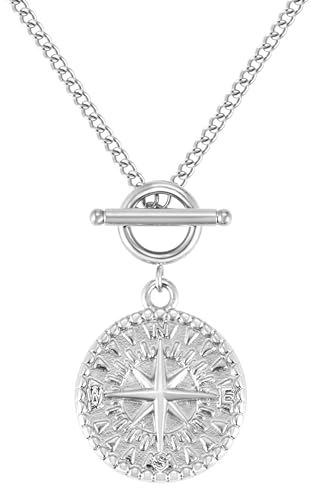 BONNYBIRD® Kompass Kette Damen Silber Edelstahl Halskette mit Anhänger Wasserfest Knebelverschluss Silberkette Schmuck Frauen Coin Panzerkette Silberschmuck Layering Sommer Accessoire