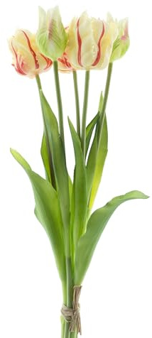 mucplants künstliche Tulpen 40cm Crispa gefranst Tulpenbündel mit 3 Tulpen und 2 Tulpenknospen real Touch (Rot)