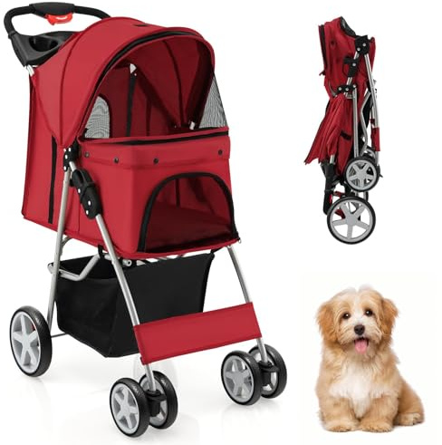 SOARS Carrito para Perros Plegable Cochecito para Perros de hasta 15 kg, Cochecito para Gatos con Ventanas de Malla, Portabebidas y Cesta de Almacenamiento, 4 Ruedas (Rojo)