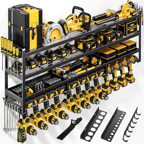 POKIPO 49 W Large Power Tool Organizer Wall Mount, 4 Layer Heavy Duty Loads 800 lbs, Tool Storage Rack Holds 12 Cordless Drills, Large Capacity Battery Holder for Garage, Gift for Men