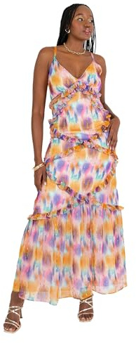 Anaya with Love Women's Maxi Dress Ladies Sleeveless V-Neck Metallic Gold Flocked Cross Back Strap Tiered Ruffle A-Line Wedding Guest Vestido, Multicolor, 38 para Mujer