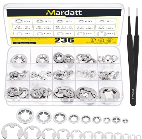 Mardatt 237Stück Edelstahl Innenzahn Sternsicherungsscheiben und E-Clip-Sortiment, Schnellverschluss-Sicherungsscheiben (M2-M12), E-Clip-Sicherungsringe(1.5mm-15mm)