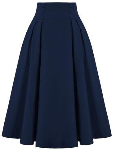 Belle Poque Gonna da Donna Vintage retrò a Vita Alta Tinta Unita Swing con Tasche 2111, Blu Navy Profondo #2150, S