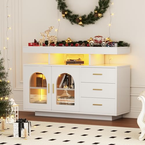Azkoeesy Sideboard in Hochglanz Weiß, 120 cm Breite, Kommode, Vitrine, Buffetschrank, mit 3 Schubladen und 2 Acryltüren, mit 16-Farben LED-Beleuchtung, 120x40x80 cm (Weiß)
