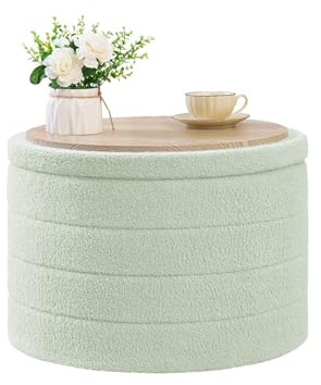 Bonlife Extra Large Folding Round Ottoman with Storage,Boucle Ottoman Stool, Footstool Seat Coffee Table,Toy Box Storage,Footrest Stool for Living Room,Bedroom,Green,56x56x40cm