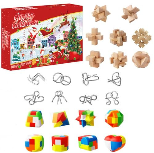 Knobelspiele Adventskalender 2024 Kinder & Erwachsene-24 Tage von Weihnachtskalender Geschenke mit Metall Knobelei und Holzk, Geschicklichkeitsspiele, IQ Puzzle für Jungen, Mädchen, Jugendliche (Rot)