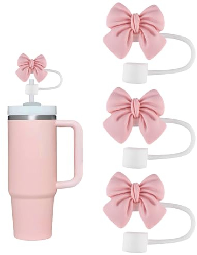 3 Pcs Pink Bow Straw Covers Toppers for Stanley Cups, Reusable Straw Cover Compatible with Stanley 30&40 oz, Straws Tips Lids Protector Silicone Straws Toppers for Cups Accessories