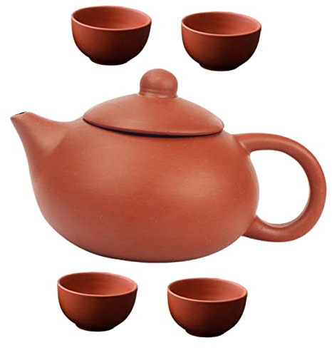 UTHCLO Juego de Servicio de Té Zisha Tradicional 4 Tazas Tetera de Cerámica Roja Resistente al Desgaste para Té Suelto y Bolsitas, Kit Portátil para Hogar, Oficina y Viaje