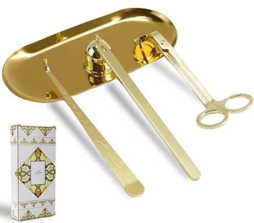 HMIEPRS 4 in 1 Candle Wick Trimmer Set, Candle Care Kit with Tray Candle Snuffer Wick Cutter Candle Wick Dipper, Stainless Steel Candle Tools Accessory Free Burning and Safe Extinguishing (Gold)