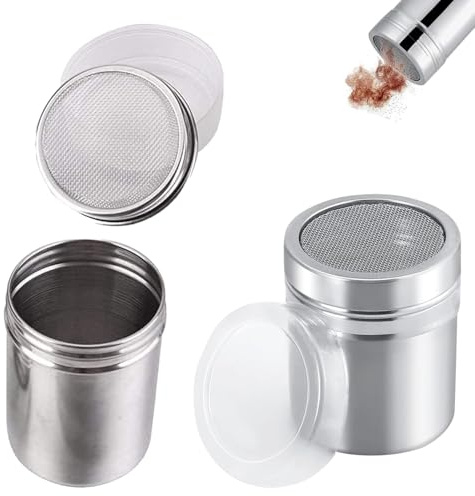 2PCS Flour Shaker & Icing Sugar Shaker – Stainless Steel Dredgers for Baking & Decorating – Powdered Sugar Shaker with Fine Mesh Lid – Kitchen Sifter for Cocoa, Cinnamon, Spices & More