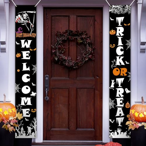 PartyYaa Striscione per porta di Halloween, decorazione per cabina fotografica, fantasma e zucca, cartello per portico per interni ed esterni (nero)